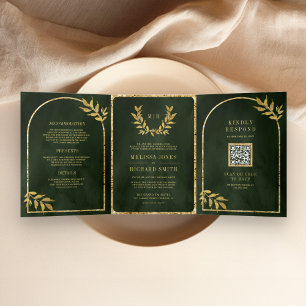 Goldener Lorbeerkranz Blätter Olivgrüne Hochzeit Dreifach Gefaltete Einladung