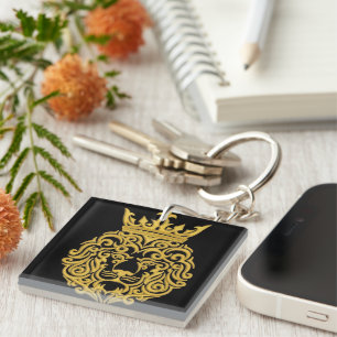 Goldener Löwe mit Krone - Majestätischer Stickerei Schlüsselanhänger