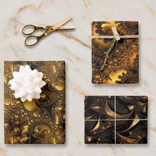 Goldener Metallic-Look Fractal-Designs Geschenkpapier Set