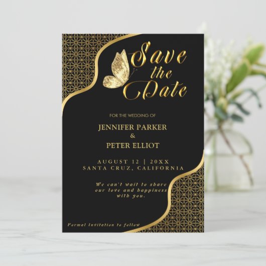 Goldener Moment: Save the Date Schwarz und Gold Th Einladung (Stehend Vorderseite)
