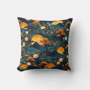 Goldener Mond Berg Nachthimmel Lotos Blumenmuster Kissen