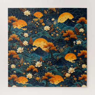 Goldener Mond Berg Nachthimmel Lotos Blumenmuster Puzzle