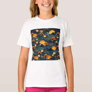 Goldener Mond Berg Nachthimmel Lotos Blumenmuster T-Shirt