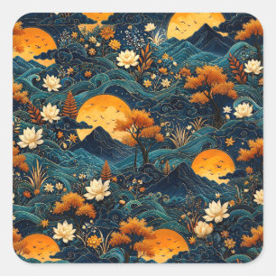 Goldener Mond Berg Nachthimmel Lotus Blumenmuster Quadratischer Aufkleber