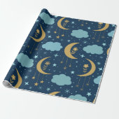 Goldener Mond mit Blume und Wolken Geschenkpapier (Ungerollt)