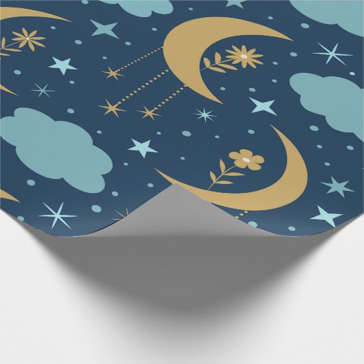 Goldener Mond mit Blume und Wolken Geschenkpapier (Ecke)