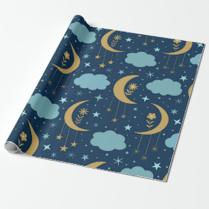 Goldener Mond mit Blumen und Wolken  Geschenkpapier