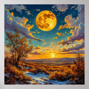 🌕 Goldener Mond Sonnenuntergang Wiese Baum Natur  Poster
