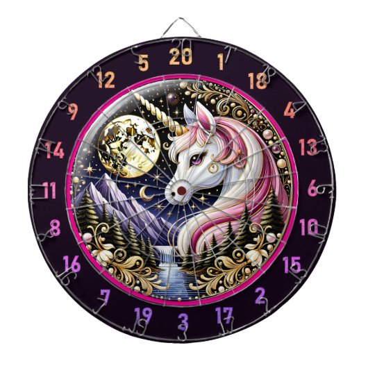 Goldener Mond strahlt Rosa Einhorn Elegante Dartscheibe (vorne)