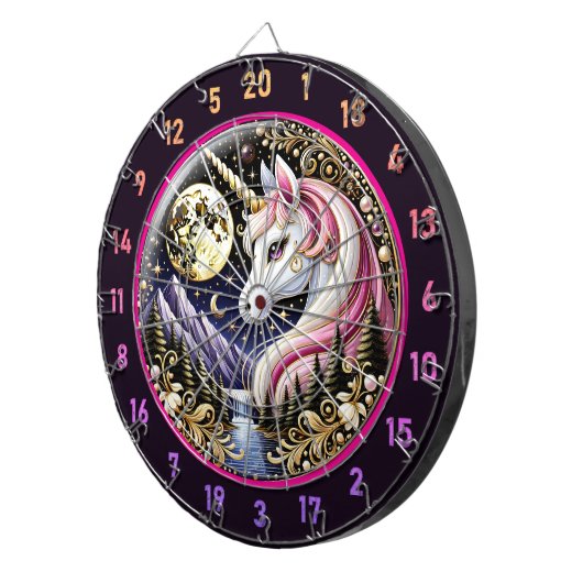 Goldener Mond strahlt Rosa Einhorn Elegante Dartscheibe (Vorderseite rechts)