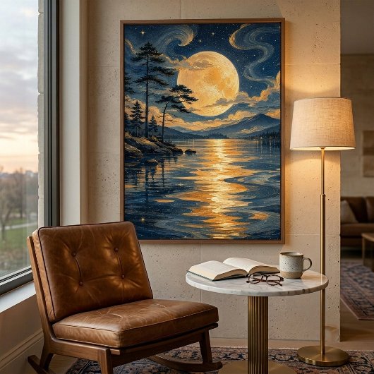 Goldener Mond über See Art Poster