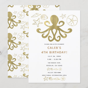 Goldener Oktopus & Meeresschalen Strand-Geburtstag Einladung