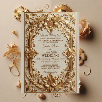 Goldener, ornamentaler Barock-Prunk, florales Moti Einladung