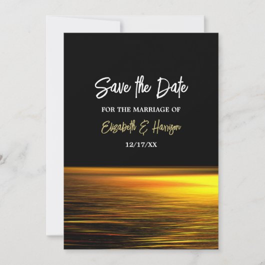 Goldener Ozean, elegante Hochzeit am Strand Save The Date (Vorderseite)