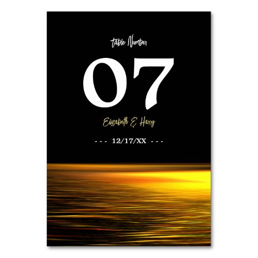 Goldener Ozean, elegante Hochzeit am Strand Tischnummer (Rückseite)