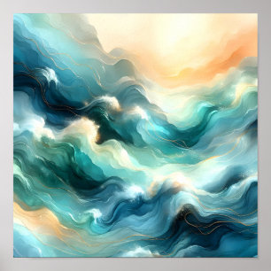 Goldener Ozean Fluss Abstrakte Wellen Poster