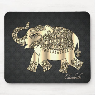 Goldener Paisley-Blumen-Elefant, Damast - Personal Mousepad