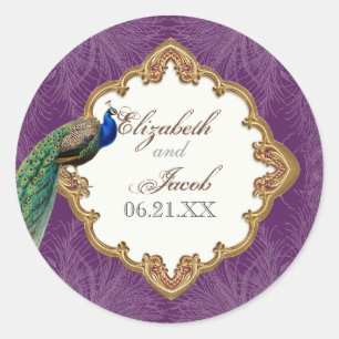Goldener Pfau & Schwünge - Hochzeitsaufkleber oder Runder Aufkleber