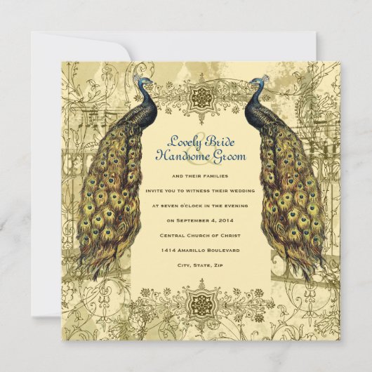 Goldener Pfau-verzierte Vintage Einladung (Vorderseite)