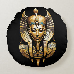 Goldener Pharao in königlicher Kopfbedeckung Kunst Rundes Kissen