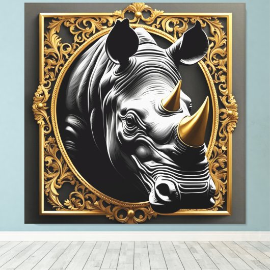 Goldener Rahmen aus schwarzem Nashorn Leinwanddruck (Insitu (Holzboden))