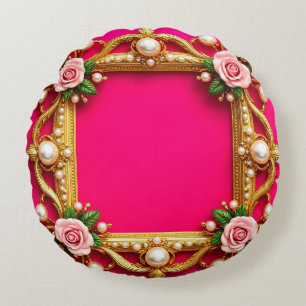 Goldener Rahmen mit eleganten Rosen und Perlen Rundes Kissen