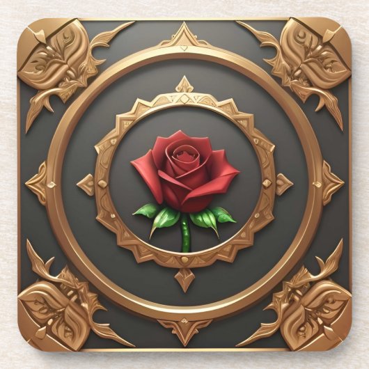 Goldener Rahmen mit Rote Rose Getränkeuntersetzer (Vorderseite)