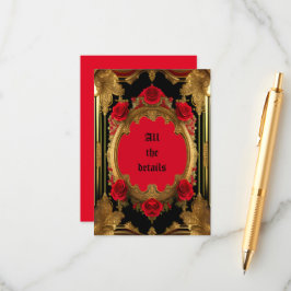 Goldener Rahmen mit rote Rosen, gotische Hochzeit Begleitkarte