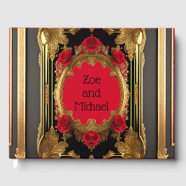 Goldener Rahmen mit rote Rosen, gotische Hochzeit Gästebuch