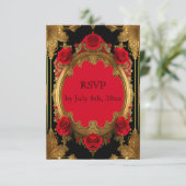 Goldener Rahmen mit rote Rosen, gotische Hochzeit RSVP Karte (Stehend Vorderseite)