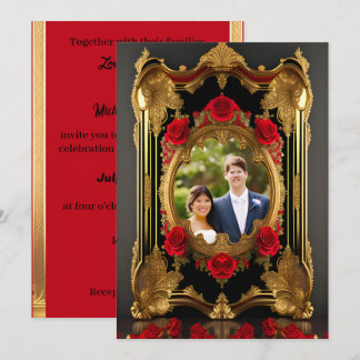 Goldener Rahmen mit rote Rosen, gotisches Foto Einladung