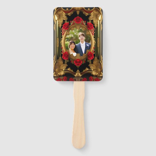 Goldener Rahmen mit rote Rosen, Hochzeitsprogramm Fächer (Vorderseite)