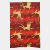 Goldener Rentier am Roten Frohen Weihnachten Geschirrtuch (Vertikal)