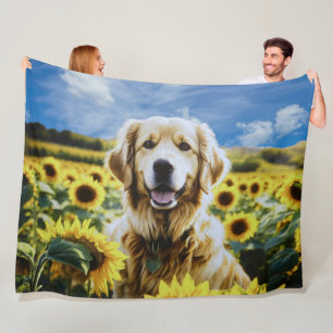 Goldener Retriever auf dem Sonnenblumenfeld Fleecedecke
