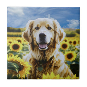 Goldener Retriever auf dem Sonnenblumenfeld Fliese