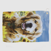 Goldener Retriever auf dem Sonnenblumenfeld Golfhandtuch (Horizontal)