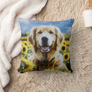Goldener Retriever auf dem Sonnenblumenfeld Kissen