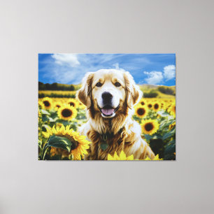 Goldener Retriever auf dem Sonnenblumenfeld Leinwanddruck