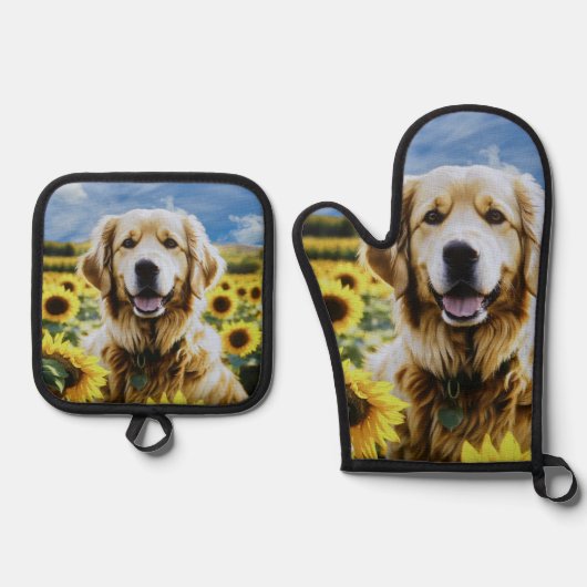 Goldener Retriever auf dem Sonnenblumenfeld Ofenhandschuh & Topflappen-Set (Vorderseite)