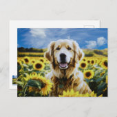 Goldener Retriever auf dem Sonnenblumenfeld Postkarte (Vorne/Hinten)