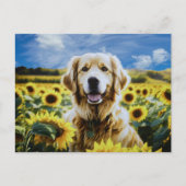Goldener Retriever auf dem Sonnenblumenfeld Postkarte (Vorderseite)