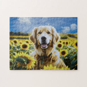 Goldener Retriever auf dem Sonnenblumenfeld Puzzle