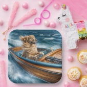 Goldener Retriever, der ein altes Holzboot fährt Pappteller (Party)