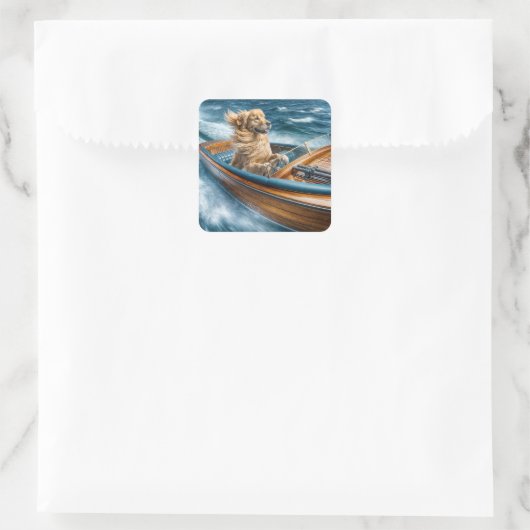 Goldener Retriever Fahren mit einem Holzboot Quadratischer Aufkleber (Tasche)