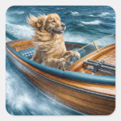 Goldener Retriever Fahren mit einem Holzboot Quadratischer Aufkleber (Vorderseite)