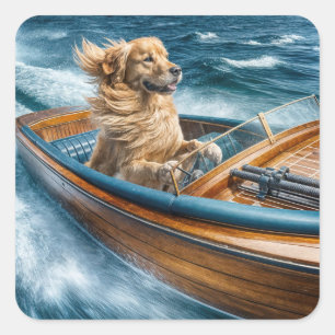 Goldener Retriever Fahren mit einem Holzboot Quadratischer Aufkleber