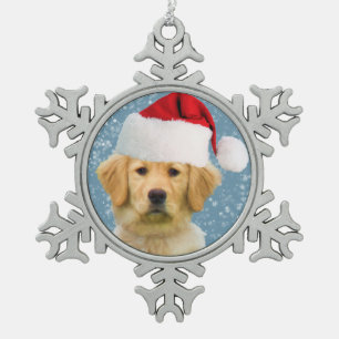 Goldener Retriever-Hund in der Weihnachtsmannmütz Schneeflocken Zinn-Ornament
