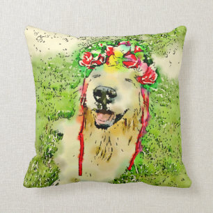 Goldener Retriever-Hund mit Blumen-KroneWatercolor Kissen