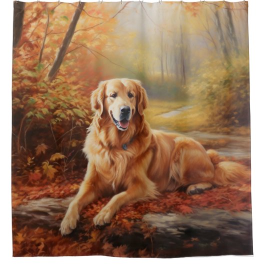Goldener Retriever im Herbst Leaves Inspiriert Duschvorhang (Vorderseite)