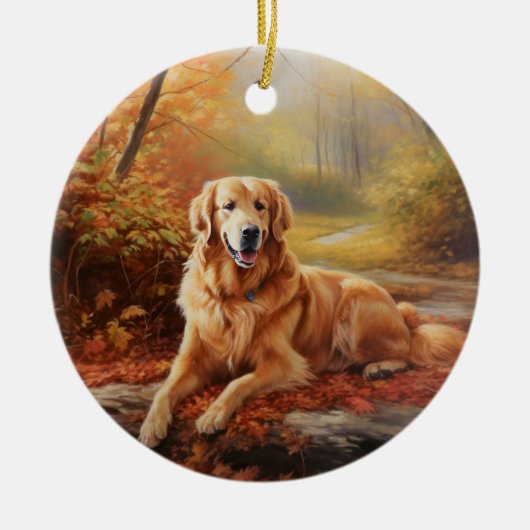 Goldener Retriever im Herbst Leaves Inspiriert Keramik Ornament (Vorne)